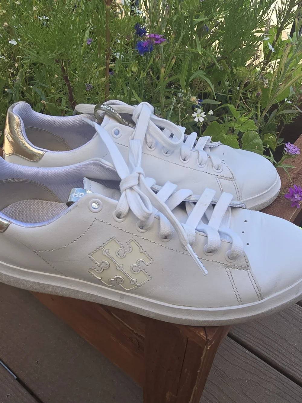 Tory Burch White Leather Sneakers with Gold Heel Detail
